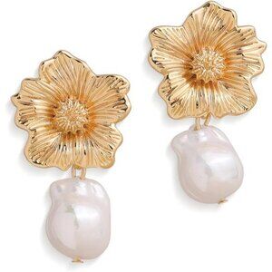 Chunky Gold Drop Earrings – Baroque Pearl Sunflower Dangle Earrings